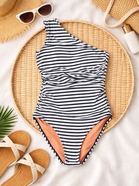 J.Crew Re-Imagined One Shoulder Swimsuit Blue White Stripe Ruched Small